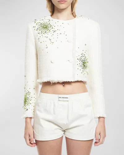 Des Phemmes Embroidered Boucle Cropped Jacket In White