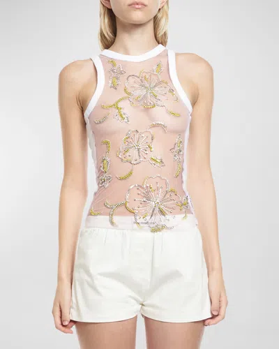 Des Phemmes Hibiscus Embroidered Tank Top In Limecrystal