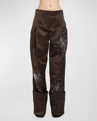 Des Phemmes Oversized Embroidered Satin Pants In Chocolat