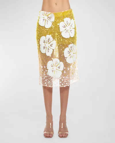 Des Phemmes Sequined Hibiscus Midi Skirt In Lime