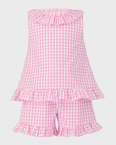 Rachel Riley Kids' Girl's Gingham Frill Top & Shorts Set In Pink