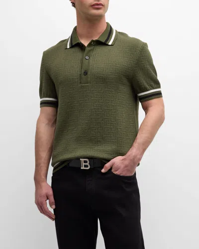 Balmain Monogram-jacquard Polo Shirt In Khaki/ Multi