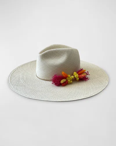 Van Palma Donna Straw Fedora With Dried Florals In Natural