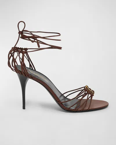 Saint Laurent Babylone Strappy Ysl Ankle-tie Sandals In Cigare