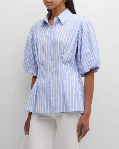Finley Julie Blouson-sleeve Striped Cotton Dobby Shirt In Blue White