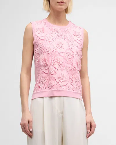 Oscar De La Renta Floral Guipure Inset Knit Tank Top In Soft Pink