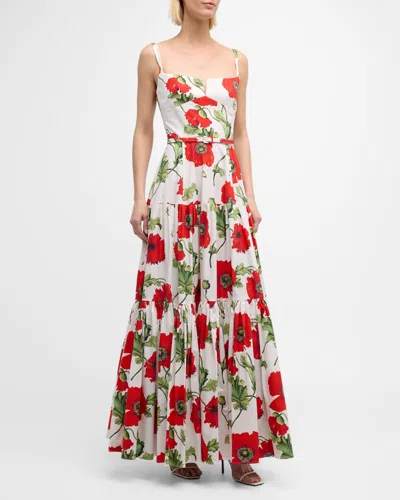 Oscar De La Renta Poppies-print Sleeveless Belted Tiered Maxi Dress In Whitered