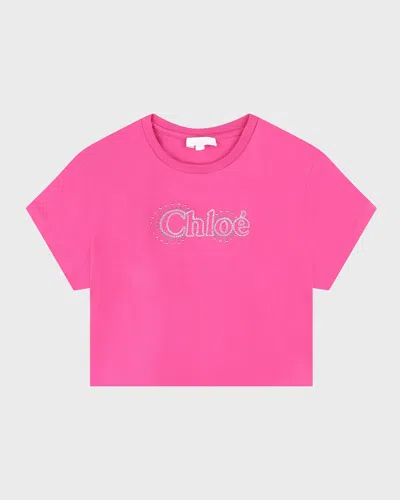 Chloé Kids' Girl's Embellished Logo-print T-shirt In 49l-pink