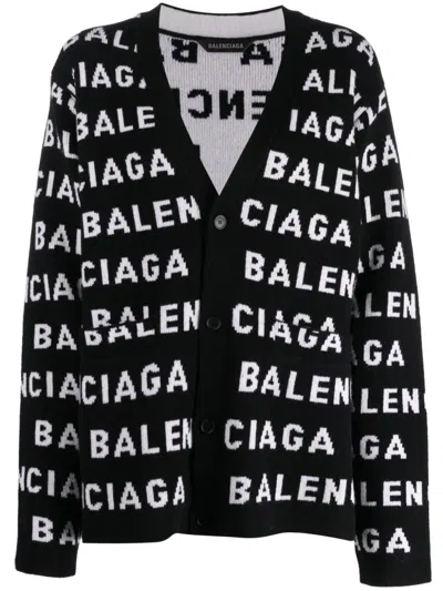 Balenciaga Logo Intarsia Wool Cardigan In Black
