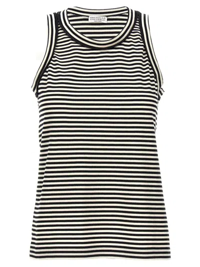 Brunello Cucinelli Striped Cotton Tank Top In White/black