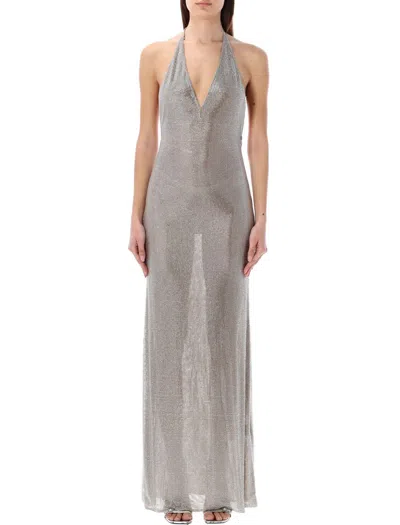 Giuseppe Di Morabito Micro Rhinestones Long Dress In Beige Silver Crystal