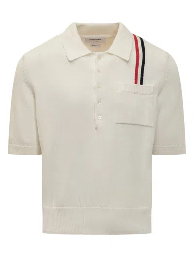 Thom Browne Rwb Stripe Straight Hem Knitted Polo Shirt In White