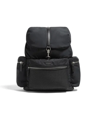 Zegna Black Technical Fabric And Pelletessuta Leather Backpack