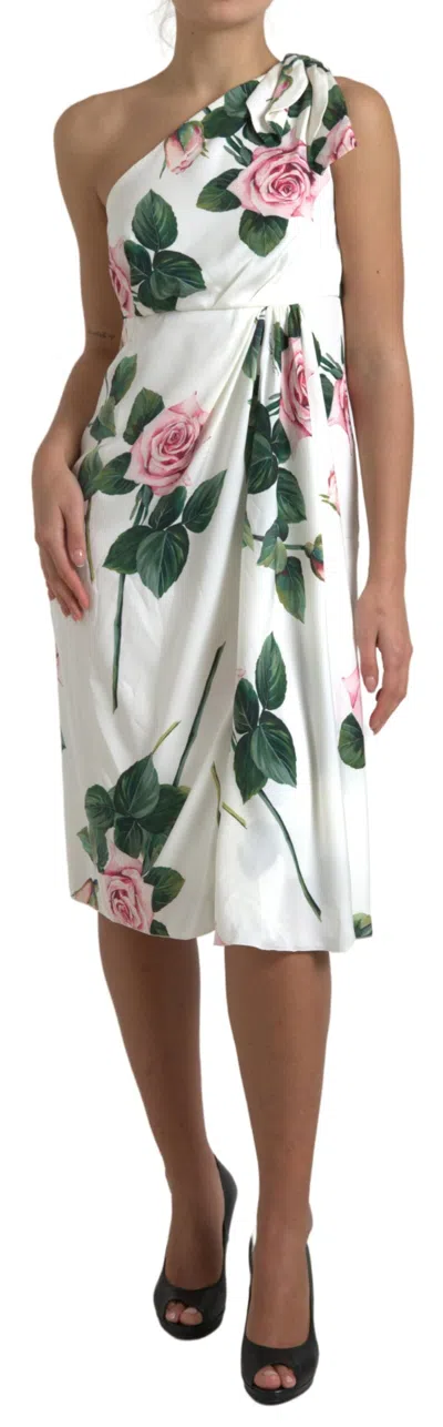Dolce & Gabbana Elegant One-shoulder Floral Midi Dress In White