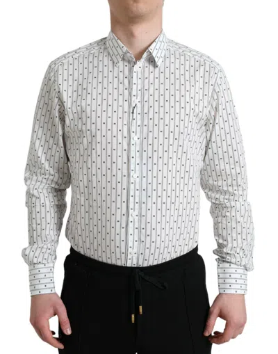 Dolce & Gabbana White Patterned Men Gold Formal Dress Shirt