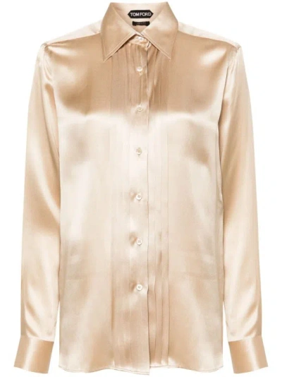Tom Ford Pintuck-detail Silk Shirt In Gold