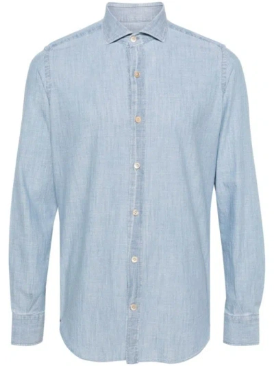 Eleventy Long-sleeve Cotton Denim Shirt In Blue