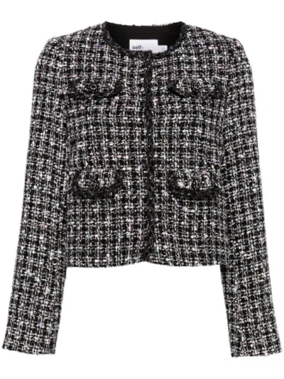 Self-portrait Crystal-embellished Cropped Metallic Bouclé-tweed Jacket In Black