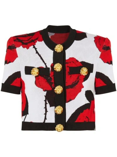 Balmain Cropped Rose Print Button-down Cardigan In Multicolor