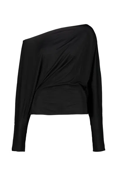 Khaite Juno Off-the-shoulder Gathered Satin-jersey Top In Black