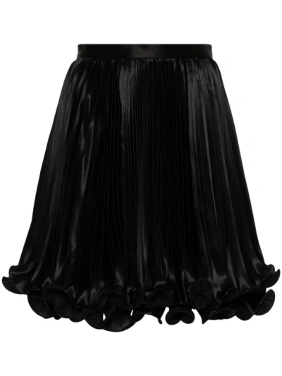 Balmain Pleated Ruffle Satin Mini Skirt In Black