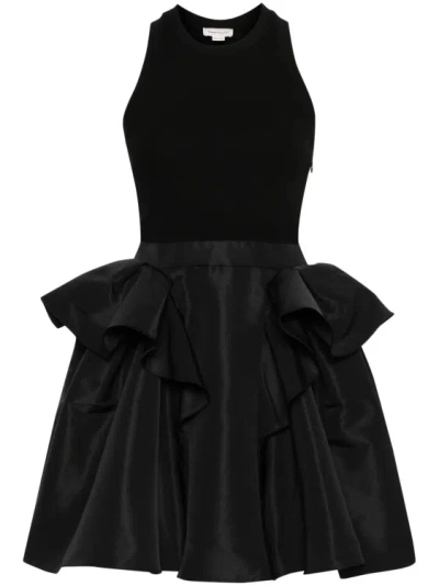 Alexander Mcqueen Knit Tank Mini Dress With Faille Peplum Skirt In Black
