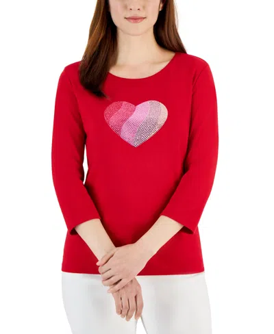 Karen Scott Women's Gem Heart Graphic Pullover Top, Created For Macy's In New Red Amore