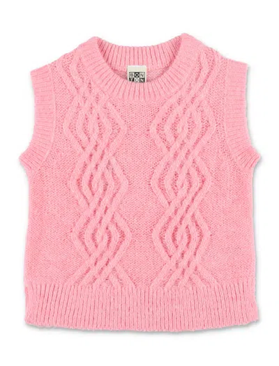 Bonton Kids' Crew-neck Knitted Vest In Pink