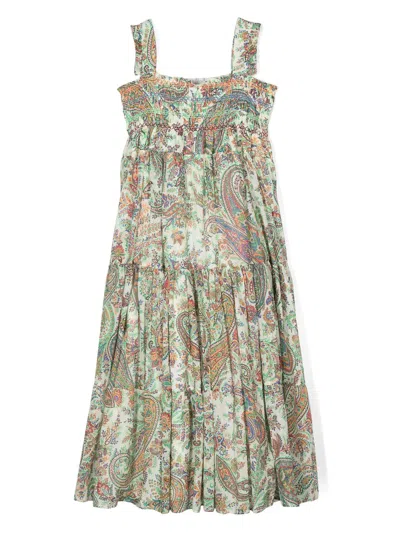 Etro Kids' Girl's Paisley-print Long Cotton Dress In Green