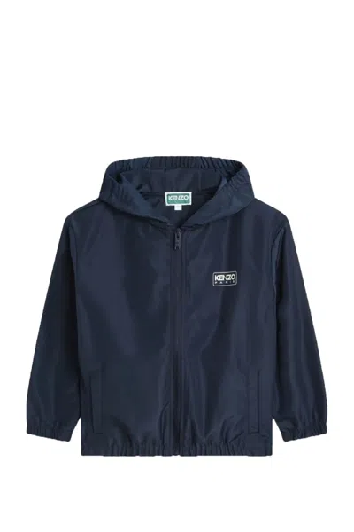 Kenzo Kids' Logo-print Hooded Windbreaker Jacket In Blue