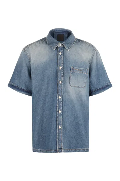 Givenchy Logo Embroidered Denim Shirt In Light Blue