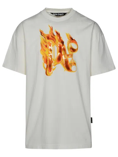 Palm Angels Burning Monogram White Cotton T-shirt In White/gold
