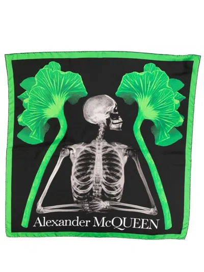 Alexander Mcqueen Mushroom Skeleton Printed Silk Scarf In Black