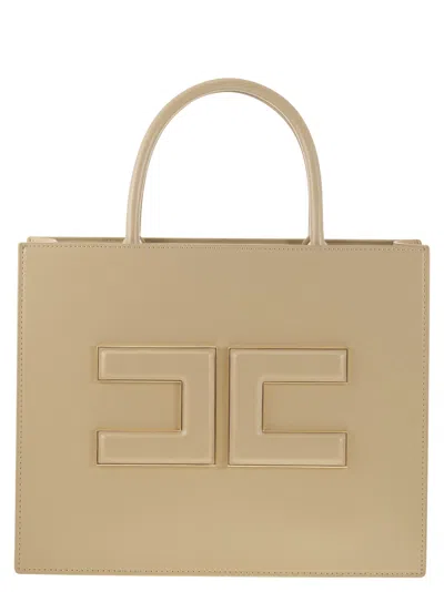 Elisabetta Franchi Medium Shopper With Logo Plaque In Sabbia