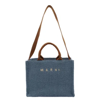 Marni Logo Embroidered Woven Tote Bags In Blue