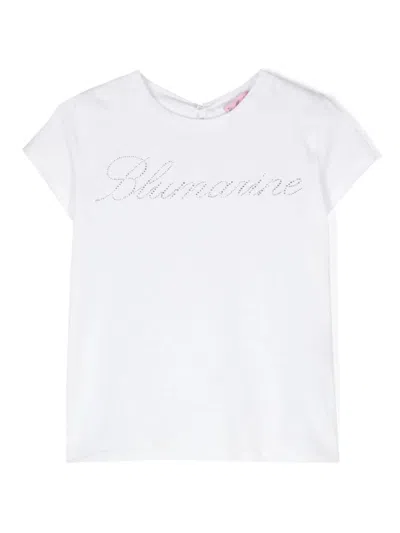 Miss Blumarine Kids' White T-shirt With Rhinestone Logo And Ruffle Detail