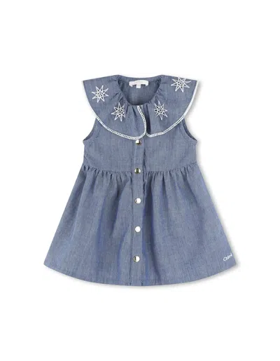 Chloé Babies' Star-embroidered Chambray Dress In Blue