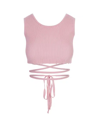 A Paper Kid Pink Ribbed Knit Crop Top With Distressed Effect