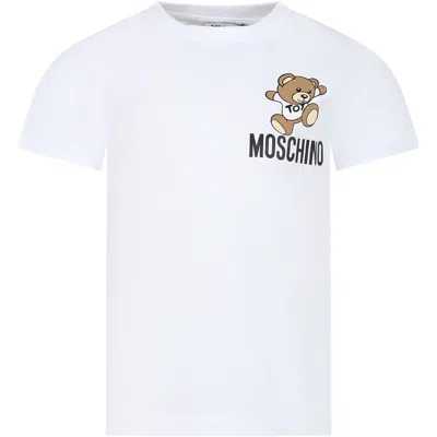 Moschino Kids' Teddy-bear-motif Cotton T-shirt In Bianco Ottico