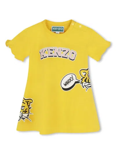 Kenzo Babies' Logo印花棉连衣裙 In Yellow