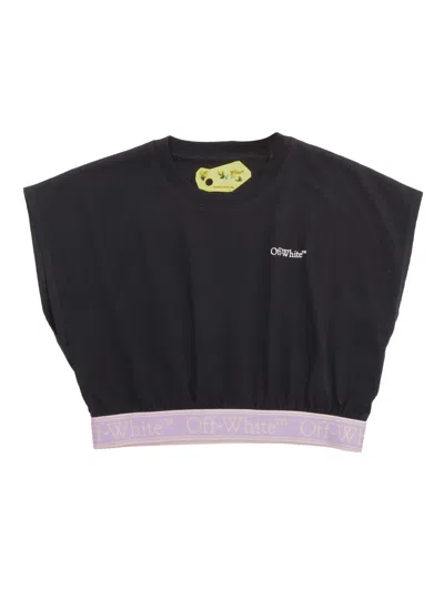 Off-white Kids' Bookish Logo Band Cotton Cropped T-shirt In Black,lilla