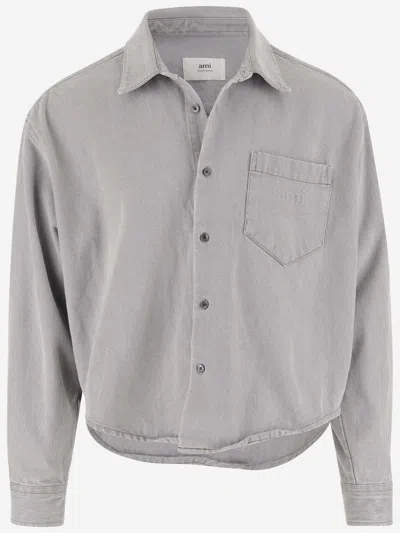 Ami Alexandre Mattiussi Cotton Denim Shirt With Logo In Grey