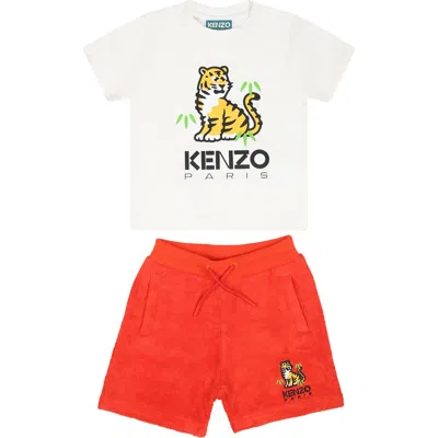 Kenzo White Suit For Baby Boy With Tiger In Multicolor