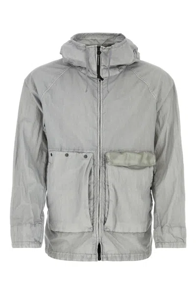 C.p. Company Cotton Blend Windbreaker With Drawstring And Hood In Drizzle Grey