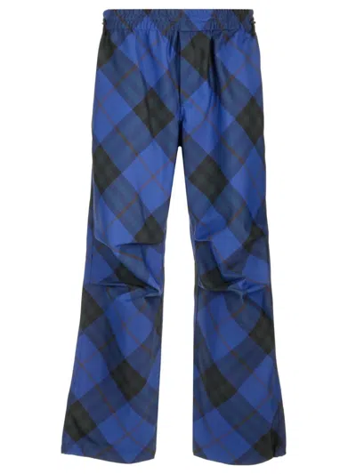 Burberry Ekd-embroidered Checkered Twill Trousers In Blue