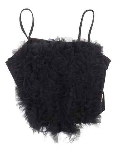 Monnalisa Kids'   Cotton Top With Tulle Ruffles In Black