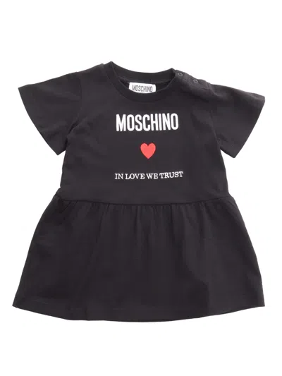 Moschino Kids' Blue Dress For Baby Girl With Logo And Heart In Black
