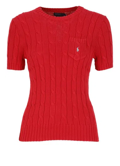 Ralph Lauren Cable-knit Cotton Short-sleeve Sweater In Red