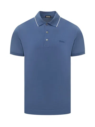 Zegna Stretch Cotton Ss Polo Shirt In Blue