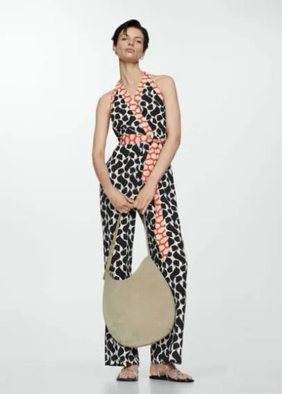 Mango Printed Jumpsuit With Bow Black